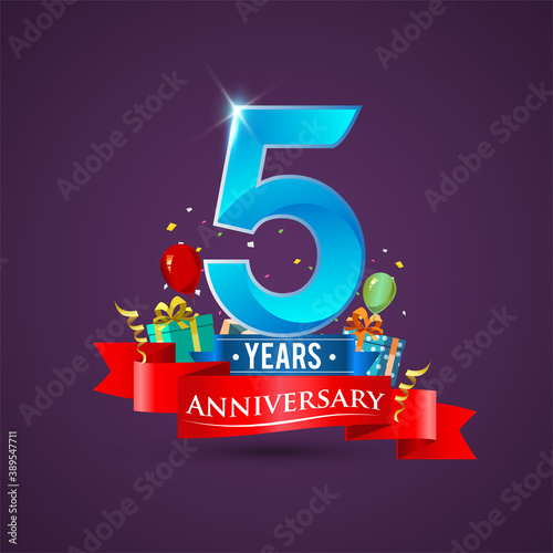5th Anniversary celebration logo, with gift box and balloons, red ribbon.