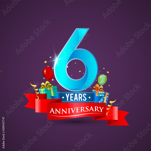 6th Anniversary celebration logo  with gift box and balloons  red ribbon.