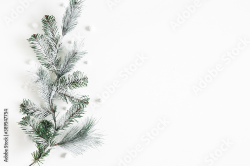 Christmas composition. Fir tree branches on white background. Christmas  winter  new year concept. Flat lay  top view  copy space