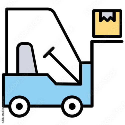 
An icon showing  stacker vehicle with a pallet, lifting package, used in warehouse management 
