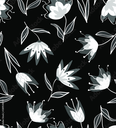 Abstract Hand Drawing Vintage Oriental Flowers Tulips and Leaves Repeating Vector Pattern Isolated Background
