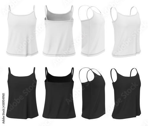 Tank top black and white for women in front, back, side views. Set of underwear. Mockup, clothing template isolated on white background.