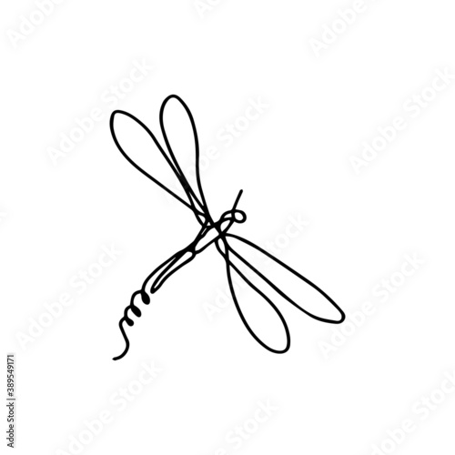 Isolated elements on a white background. Stylized dragonfly. Vector. Drawing in one line. Black and white image. Dragonfly. Insect. Suitable for posters, stickers and postcards.