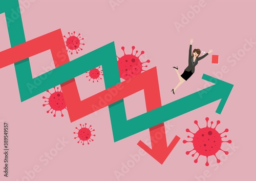 Business woman losing his balance on stock market fluctuation arrow