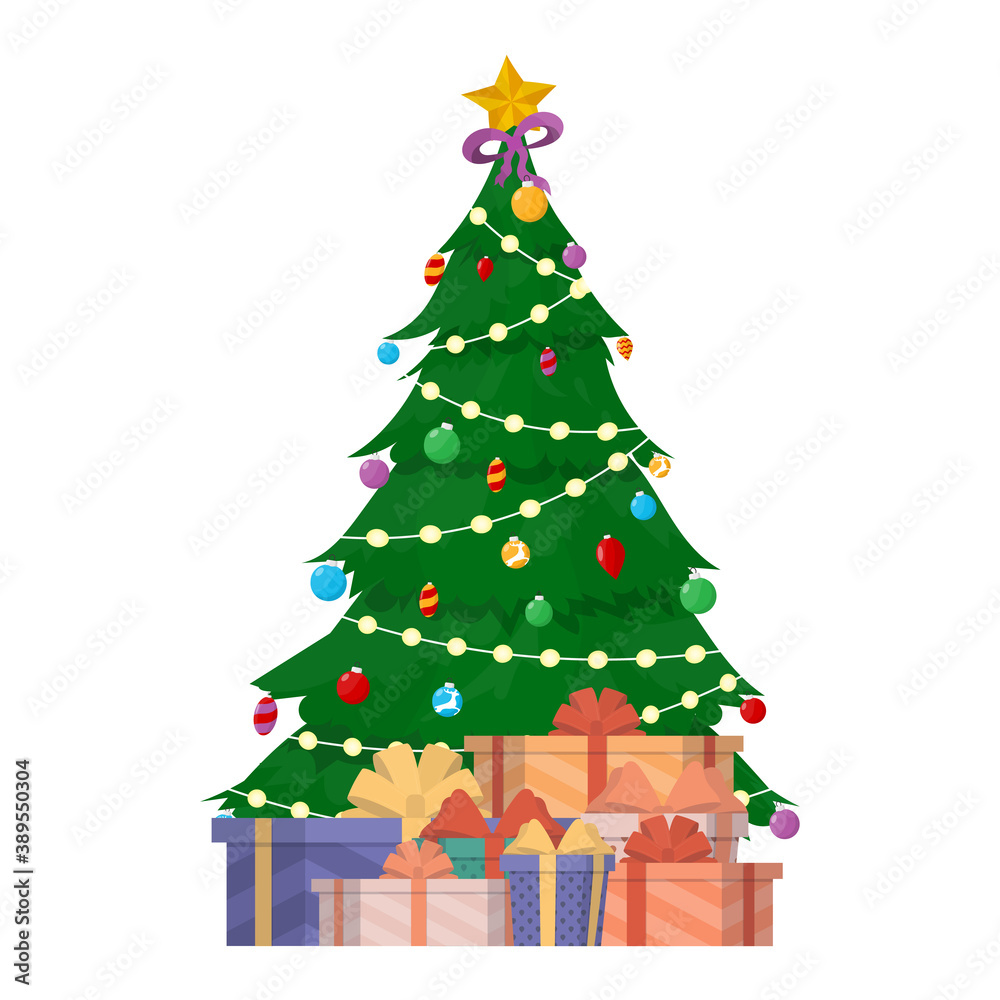 Christmas tree with garlands and gifts. Green coniferous tree. Gifts under the tree. Suitable for the New Year theme. Vector. Christmas tree with garlands and gifts. Green coniferous tree. Gifts under the tree. Suitable for the New Year theme. Vector.
