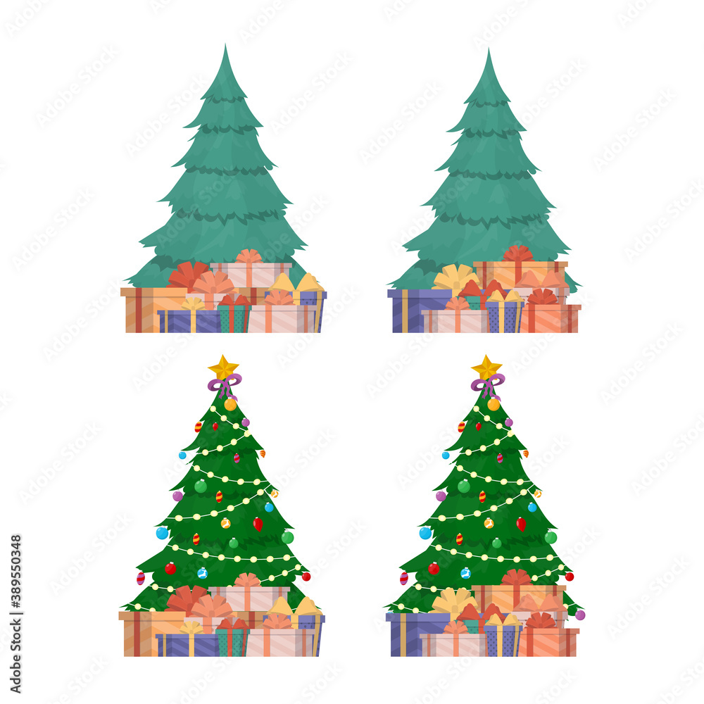Fototapeta premium Christmas tree with garlands and gifts. Green coniferous tree. Gifts under the tree. Suitable for the New Year theme. Vector.
