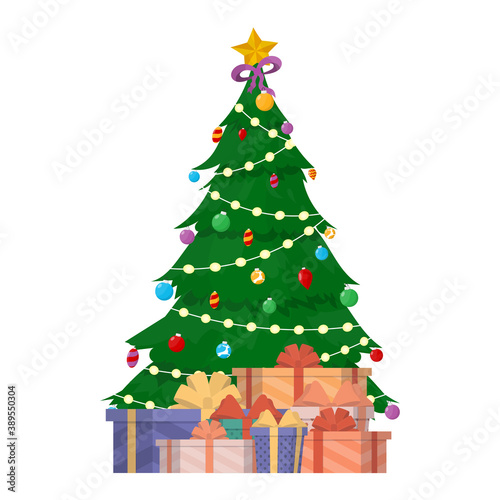 Christmas tree with garlands and gifts. Green coniferous tree. Gifts under the tree. Suitable for the New Year theme. Vector.