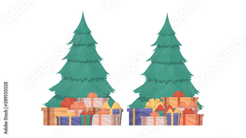 New Year tree with gifts. Green coniferous tree. Gifts under the tree. Suitable for the New Years theme. Vector.