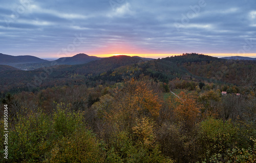 Autumn morning with glowing sunrise at the Palatinate forest in Germany. © Thomas Marx