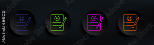 resume of employee dark badge color set. Simple thin line, outline vector of interview icons for ui and ux, website or mobile application