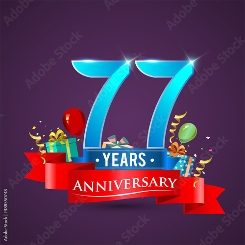 77th Anniversary celebration logo, with gift box and balloons, red ribbon.
