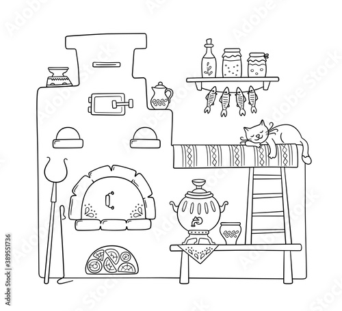 Traditional old Russian stove with bench, samovar, grip, pots, jug and sleep cat. Vector hand drawn illustration of symbol of Russian culture