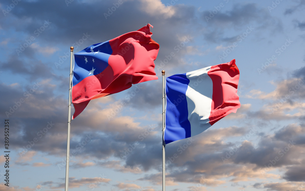 Beautiful national state flags of France and Samoa together at the sky background. 3D artwork concept. Beautiful national state flags of France and Samoa together at the sky background. 3D artwork concept.