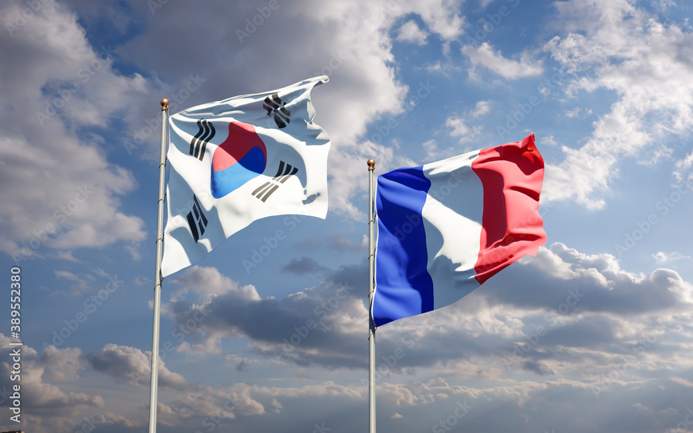 Beautiful national state flags of France and South Korea together at the sky background. 3D artwork concept. Beautiful national state flags of France and South Korea together at the sky background. 3D artwork concept.