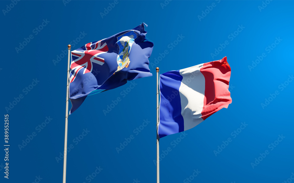 Beautiful national state flags of France and Falkland Islands together at the sky background. 3D artwork concept. Beautiful national state flags of France and Falkland Islands together at the sky background. 3D artwork concept.