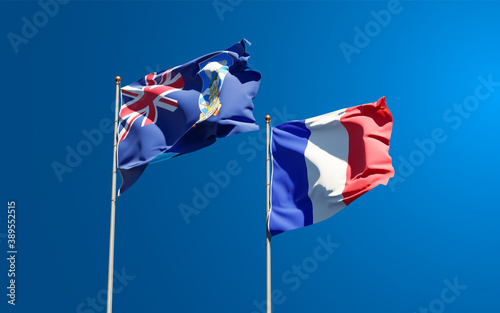 Beautiful national state flags of France and Falkland Islands together at the sky background. 3D artwork concept.