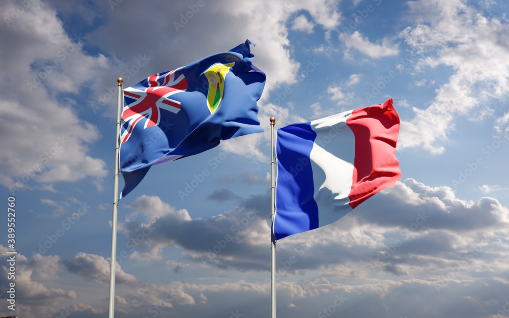 Beautiful national state flags of France and Turks and Caicos Islands together at the sky background. 3D artwork concept. Beautiful national state flags of France and Turks and Caicos Islands together at the sky background. 3D artwork concept.