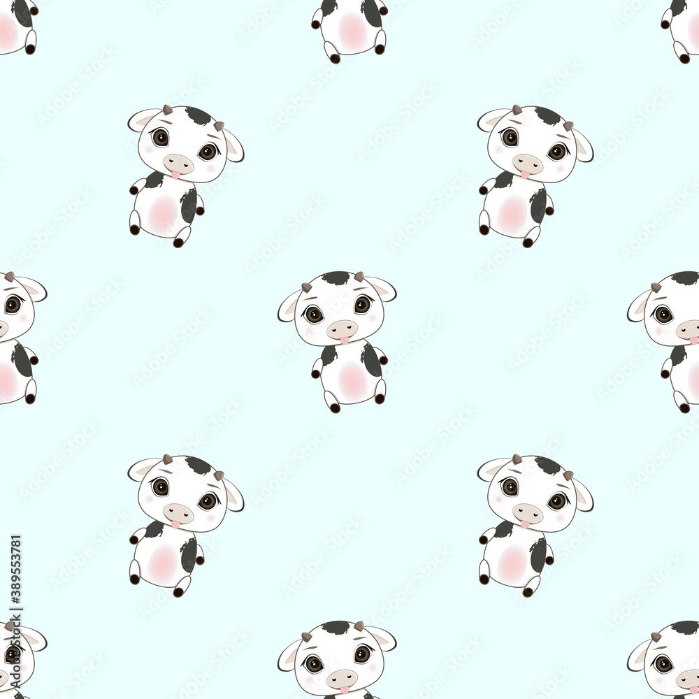 Seamless pattern for children with a cute black and white bull on a turquoise background