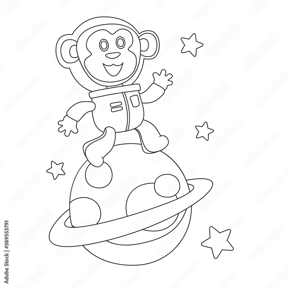 Fototapeta Creative vector childish Illustration of Cute little monkey Astronaut in space wearing space suits with cartoon style. Childish design for kids activity colouring book or page.