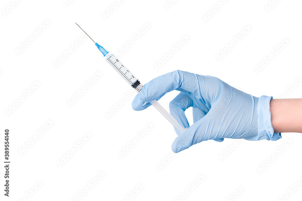 hand in a protective glove with a syringe on an isolated white background hand in a protective glove with a syringe on an isolated white background