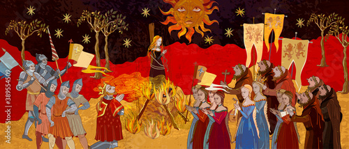 Medieval scene. Inquisition. Burning witches. Middle Ages parchment style. Joan of Arc (Jeanne d'Arc) concept. Monks at a fire with the witch. Ancient book illustration