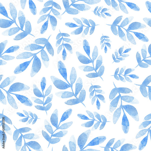 Watercolor pattern with leaves and twigs in blue shades