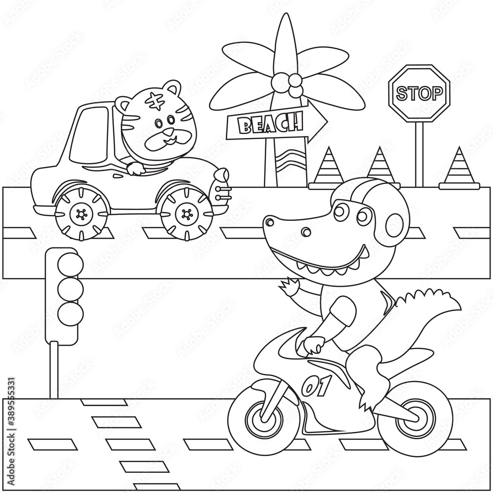 Creative vector childish Illustration of a cute animal cartoon riding a vehicle in the city with cartoon style. Childish design for kids activity colouring book or page.