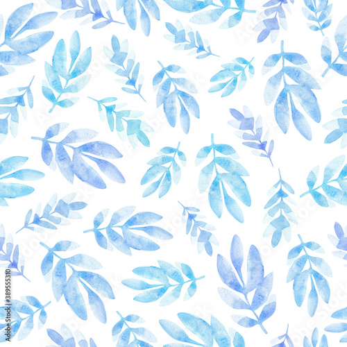 Watercolor pattern with leaves and twigs in blue shades