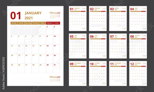 2021 calendar planner set for template corporate design week start on Monday.