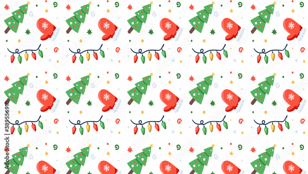 Christmas theme background illustration with christmas trees, gloves, and lights