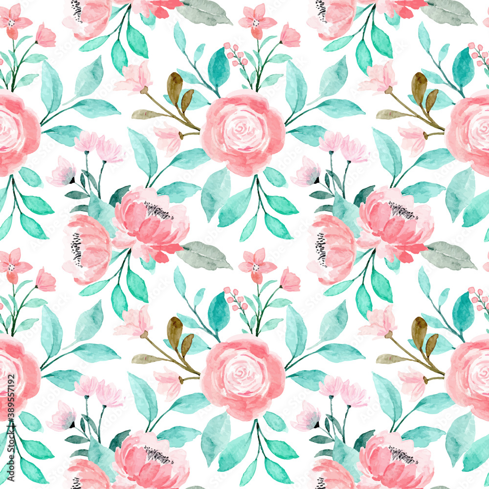 Fototapeta premium Pink floral watercolor seamless pattern with green leaves