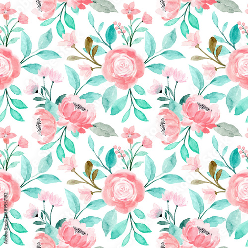 Pink floral watercolor seamless pattern with green leaves