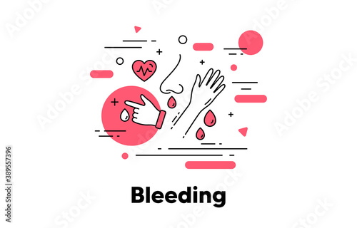 Bleeding line icon. Nose bleed, blood from wound. Diabetes symptom concept illustration. Blood donate, hand injury, nosebleed icon. Bleeding arm, blood loss, finger bleed. Editable stroke. Vector