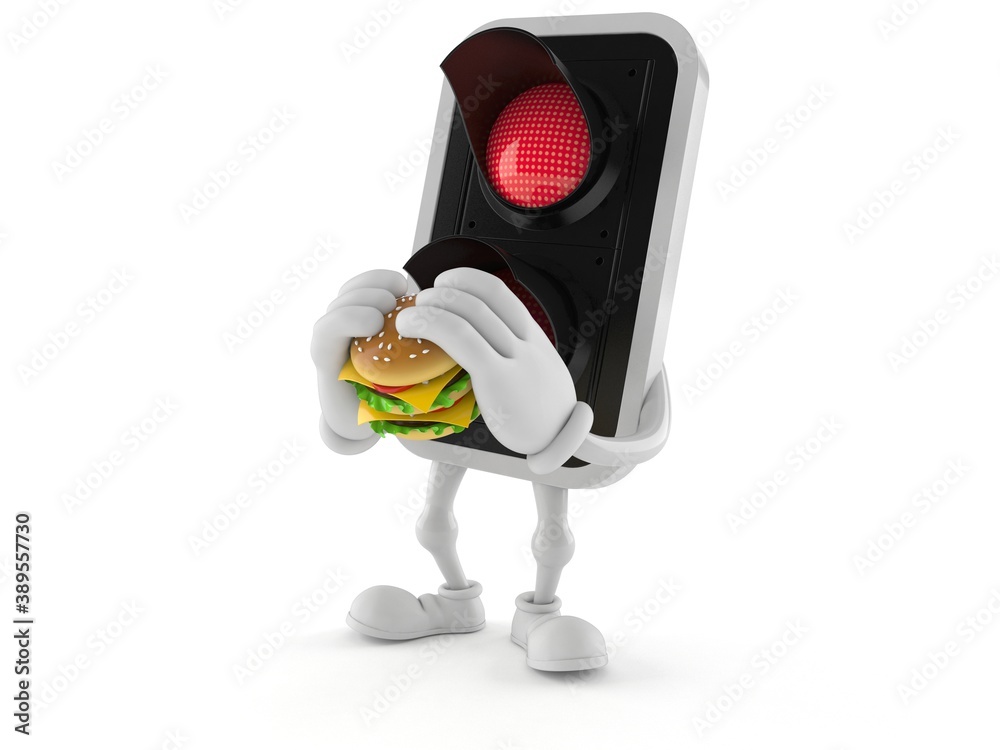 Fototapeta premium Red traffic light character eating hamburger