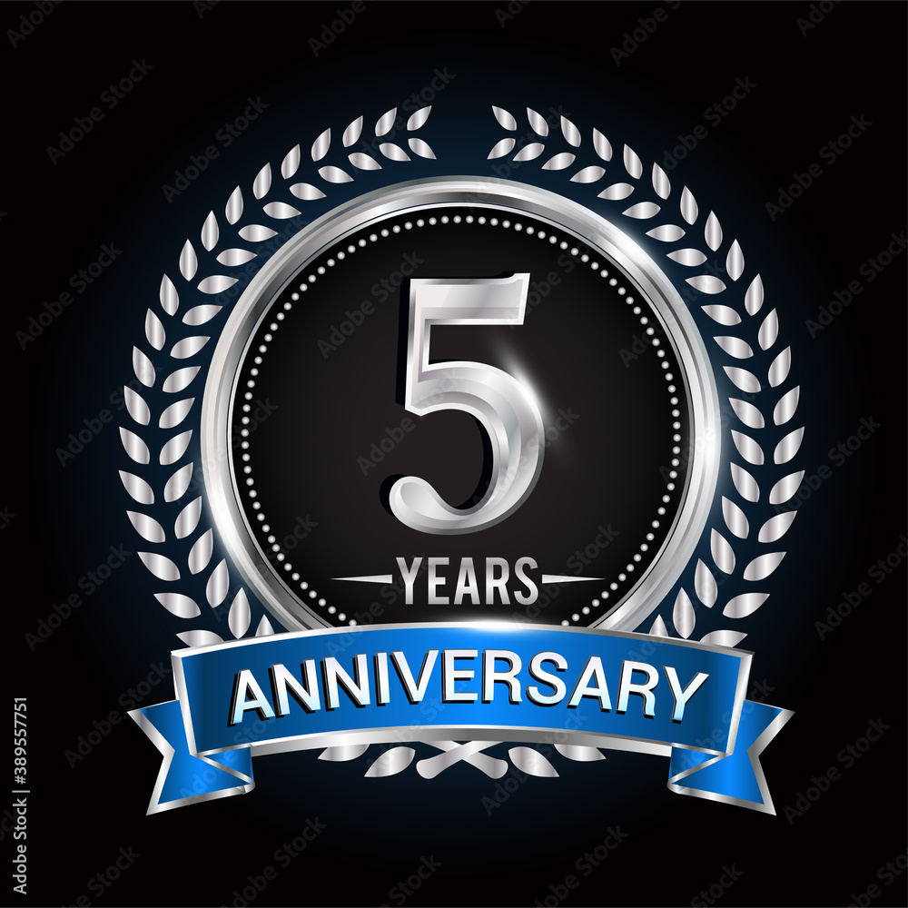 Birthday celebration logo 5th years with wreath, laurel, blue ribbon and silver ring. Birthday celebration logo 5th years with wreath, laurel, blue ribbon and silver ring.