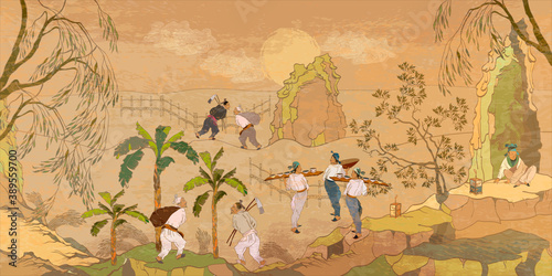 Life in ancient China. Oriental people. Traditional Chinese paintings. History and culture of Asia. Classic wall drawing. Murals and watercolor asian style