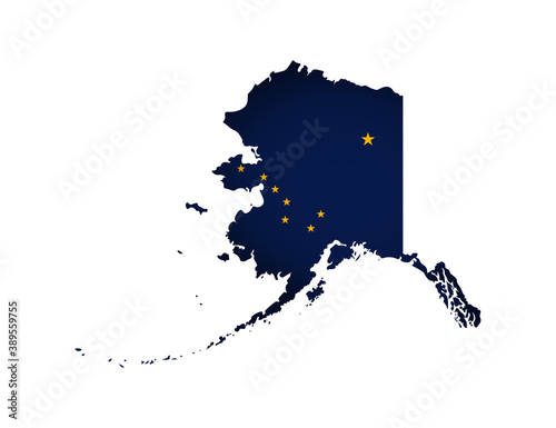 Vector isolated illustration with flag and simplified map of Alaska (State of USA). Volume shadow on the map. White background