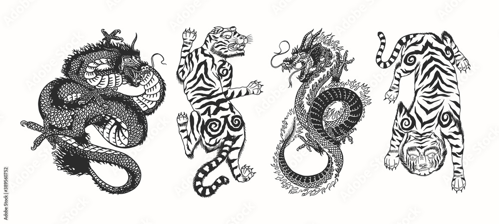 Japanese dragon. Asian Japanese tiger. Mythological animal or traditional  reptile. Symbol for tattoo or label. Engraved hand drawn line art Vintage  old monochrome sketch, ink. Vector illustration. Stock Vector | Adobe Stock