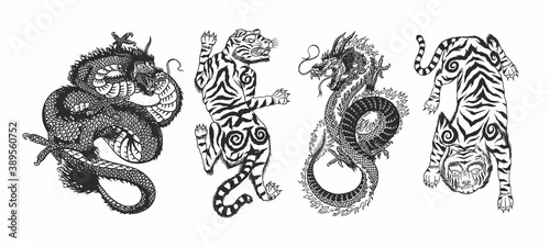 Japanese dragon. Asian Japanese tiger. Mythological animal or traditional reptile. Symbol for tattoo or label. Engraved hand drawn line art Vintage old monochrome sketch, ink. Vector illustration.