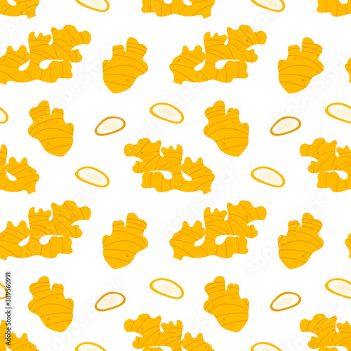 Fresh ginger roots and slices vector seamless pattern background.

