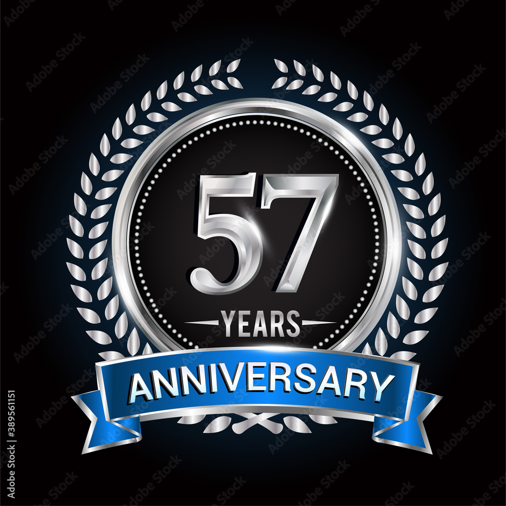 Birthday celebration logo 57th years with wreath, laurel, blue ribbon and silver ring. Birthday celebration logo 57th years with wreath, laurel, blue ribbon and silver ring.