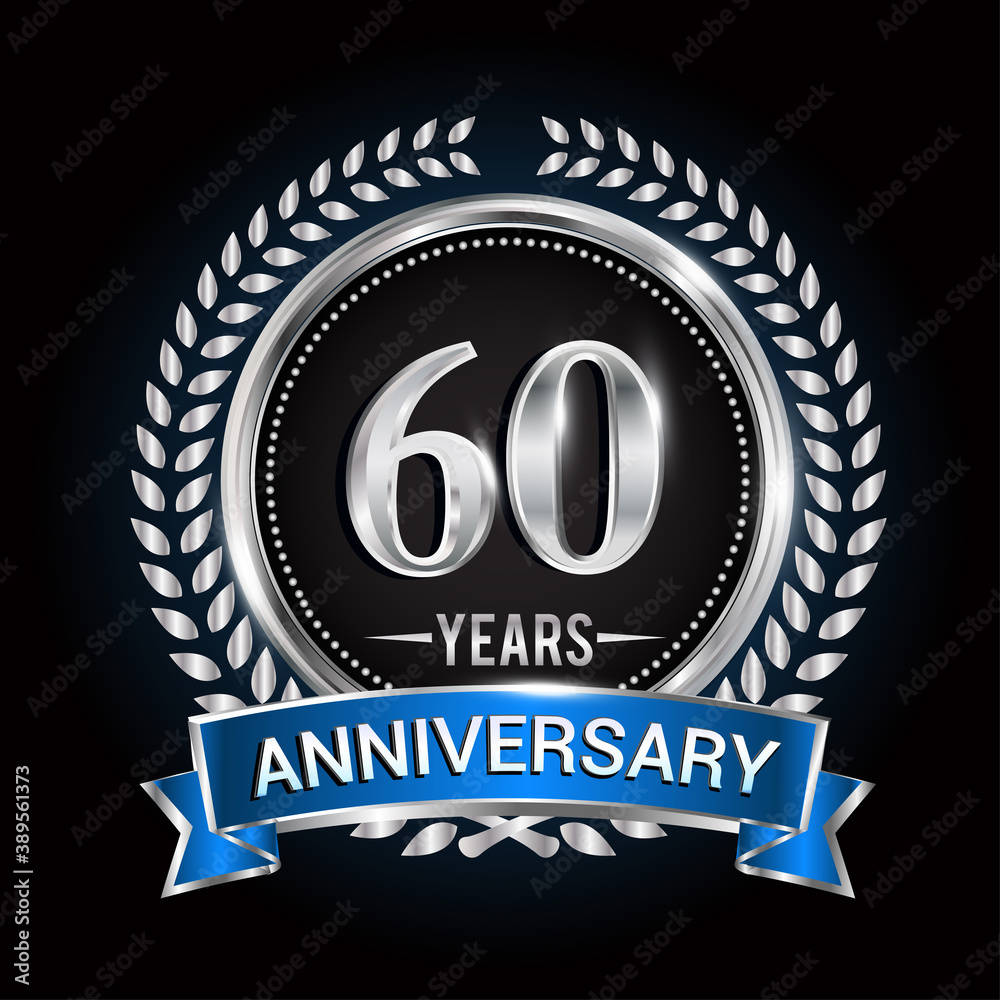 Birthday celebration logo 60th years with wreath, laurel, blue ribbon and silver ring. Birthday celebration logo 60th years with wreath, laurel, blue ribbon and silver ring.