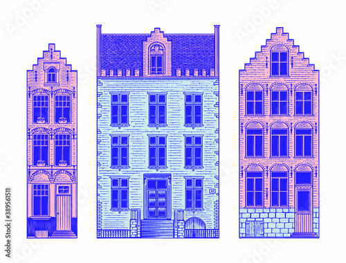 Amsterdam houses. Urban residential buildings. Scandinavian style. European city. Hand drawn monochrome doodle vector illustration 