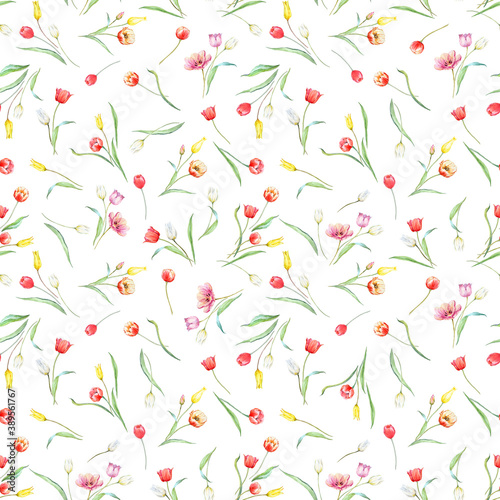 Wallpaper Mural Beautiful seamless pattern with watercolor gentle blooming tulip flowers. Stock illustration. Torontodigital.ca
