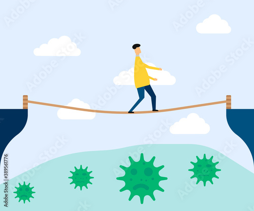 Man walking on rope walk way Vector illustration.