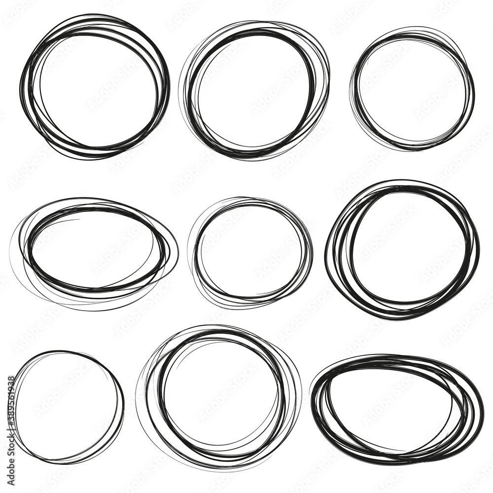Set hand drawn ovals, felt-tip pen circles. Rough vector doodle frame elements. Black color. Set hand drawn ovals, felt-tip pen circles. Rough vector doodle frame elements. Black color.