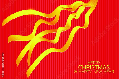 Merry Christmas and Happy New Year illustration. Gold voluminous ribbons on red background and golden text. Vector illustration EPS10