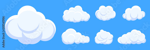 White cloud cartoon style set on blue sky background. Template sticker of different shape fun air bubbles. Graphic weather symbol clouds icon for text, design web service Isolated vector illustration