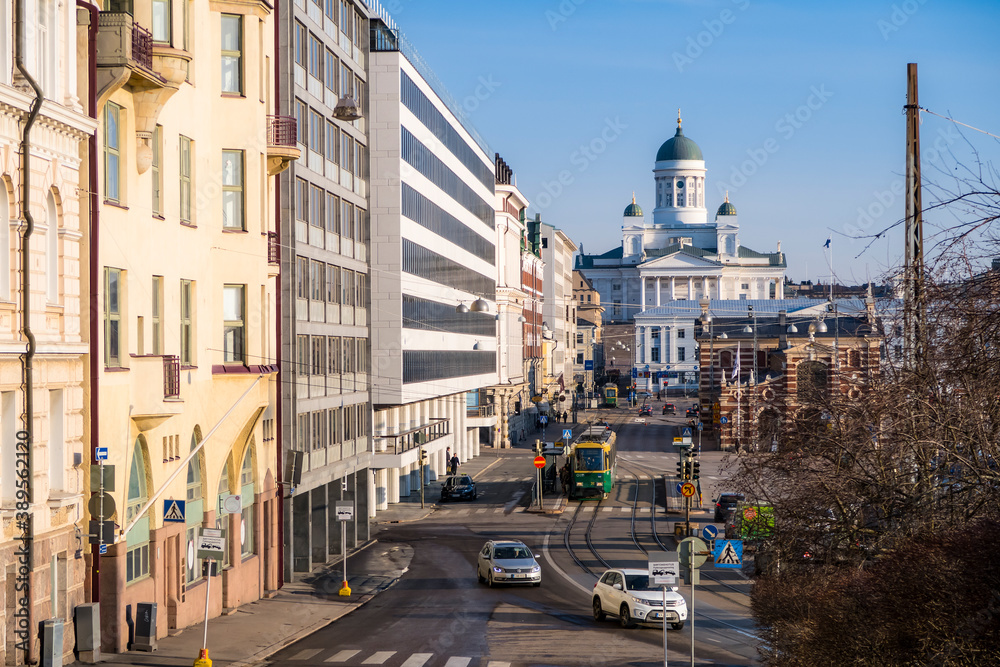 HELSINKI, FINLAND - APRIL 3, 2019: View of Etelaranta street and Helsinki Cathedral in Helsinki, Finland