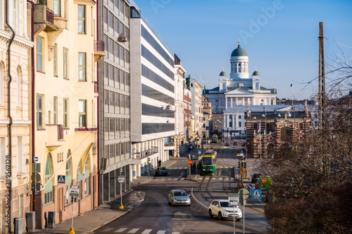 HELSINKI, FINLAND - APRIL 3, 2019: View of Etelaranta street and Helsinki Cathedral in Helsinki, Finland